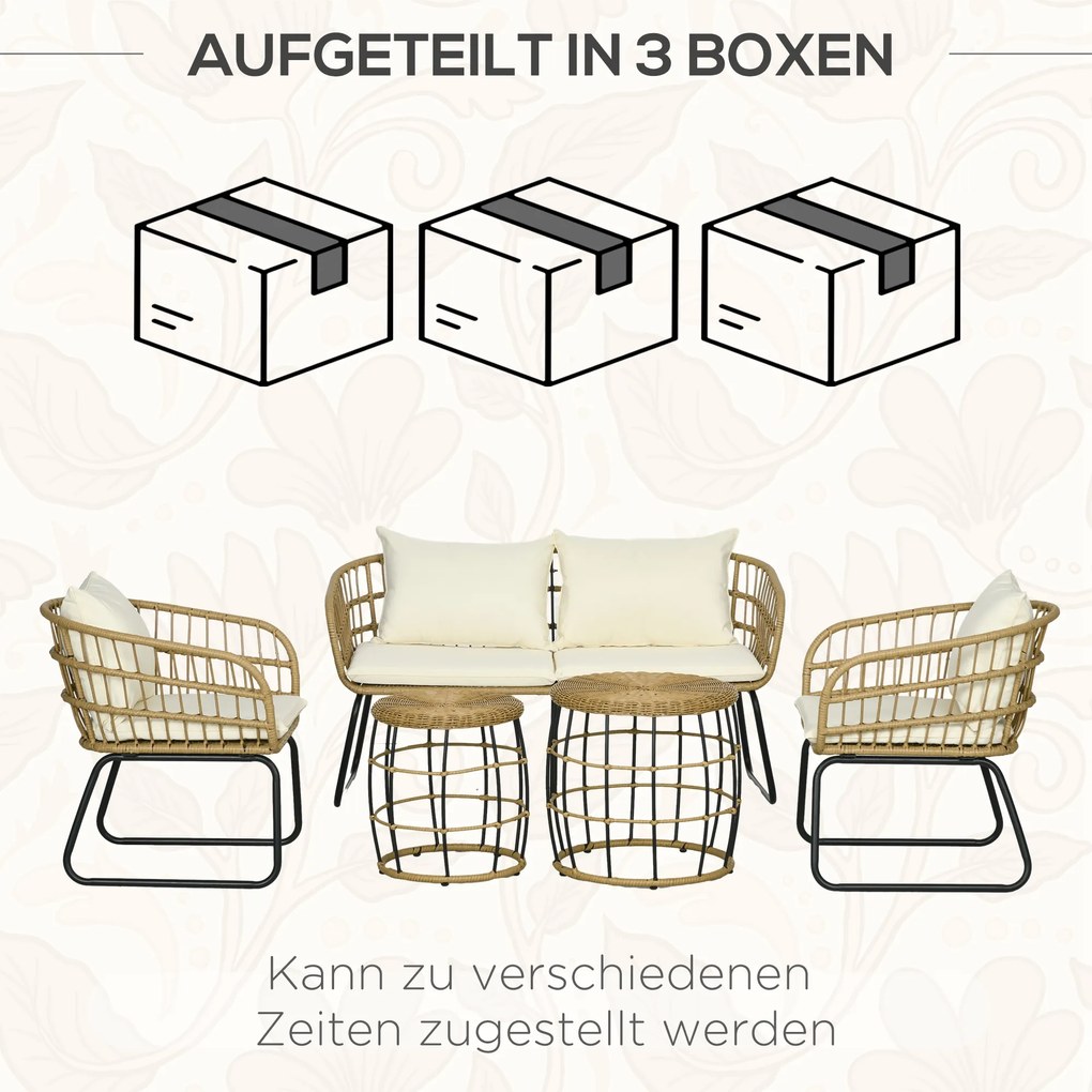 Outsunny Set de mobilier de grădină din răchită, Set de lounge pentru exterior, Stil Boho, Set de 5 piese, 145 x 70 x 78 cm, Crem + Natur + Negru | Aosom Romania