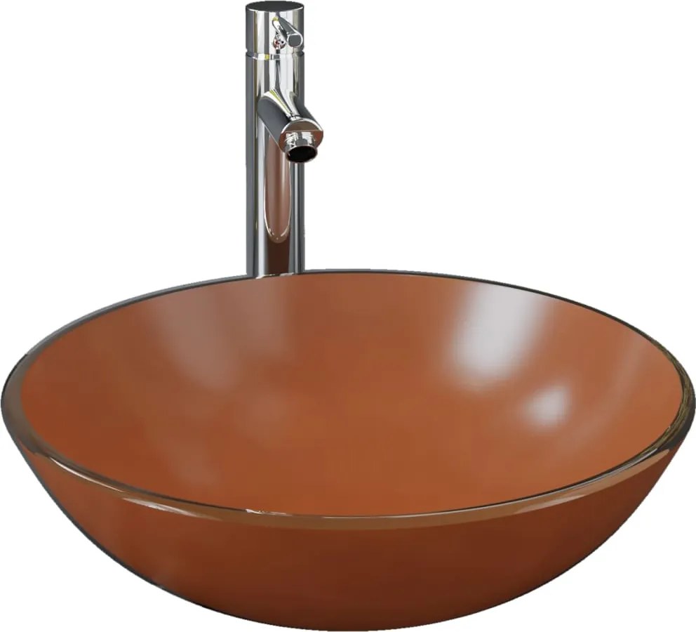 vidaXL Chiuvetă baie, robinet și scurgere tip push, maro sticlă călită