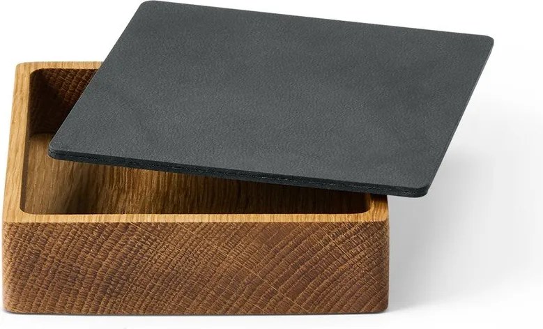 Cutie de depozitare gri antracit-în culoare naturală din lemn și din piele ecologică cu capac, decorativă 11x11x3,5 cm Square Nupo – LIND DNA
