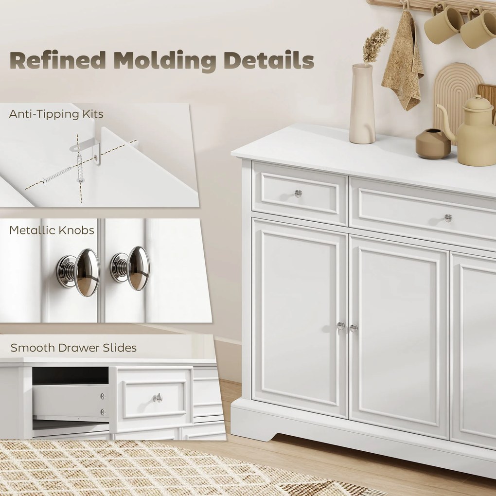 HOMCOM Bufet de living, mobilier de depozitare cu 3 sertare, 4 uși cu închidere silențioasă și etajere reglabile, alb | Aosom Romania