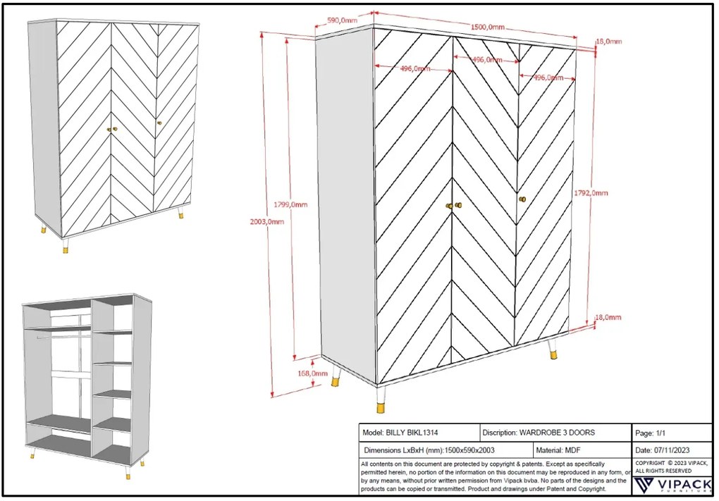 Dulap cu 3 Uși, Alb Satinat (MDF) – Billy – Vipack