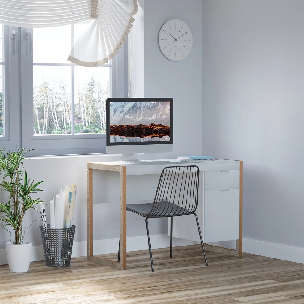 HOMCOM Birou de Lucru Spațios cu Sertar Dulap Picioare în Formă de Cadru de Stil Modern 112,5x50x75,5 cm Alb | Aosom Romania
