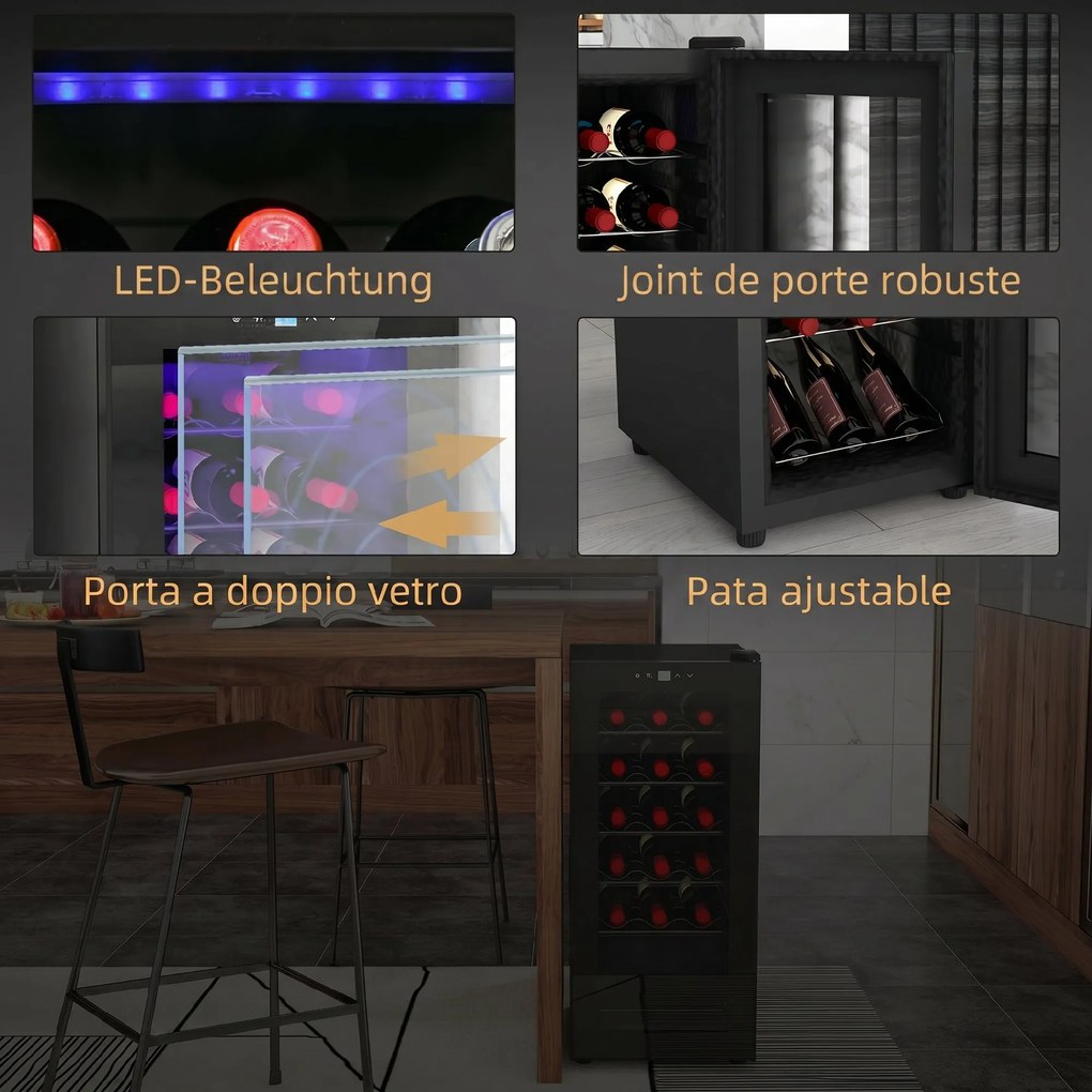 HOMCOM Frigider pentru Vinuri, Frigider de Vin cu Control al Temperaturii, Ecran Tactil Digital și Lumină LED, 18 Sticle, 34.5x45x78 cm, Negru