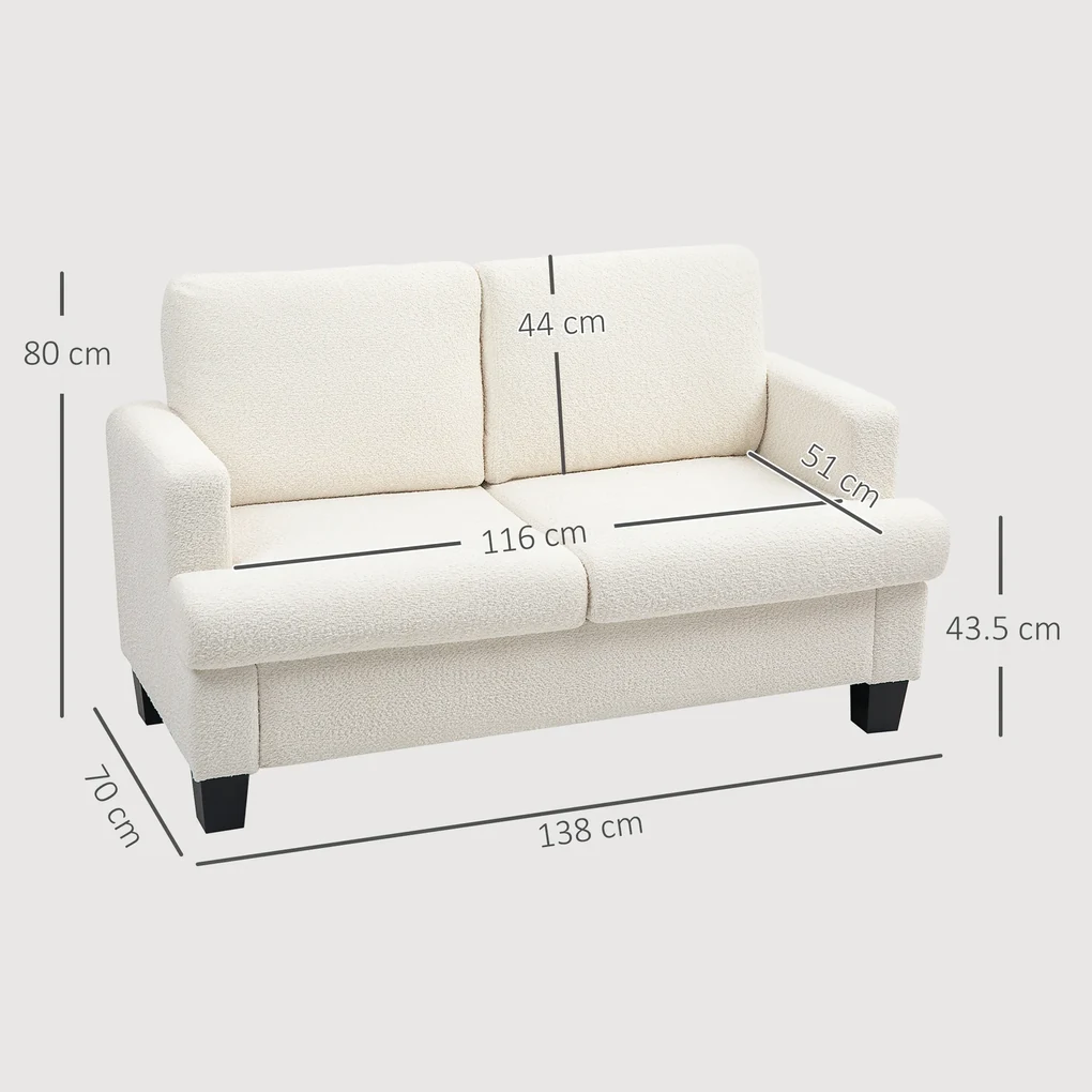 HOMCOM Canapea pentru Două Persoane cu Perne pentru Spate Detașabile, 138x70x80 cm, Alb Crem | Aosom Romania