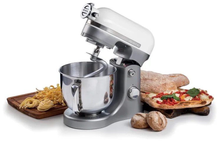 Mixer planetar Ariete MODERNA 1589/01, 3200W, 5.5 L, 11 viteze, Carcasa aluminiu masiv, Accesorii, Alb/Inox