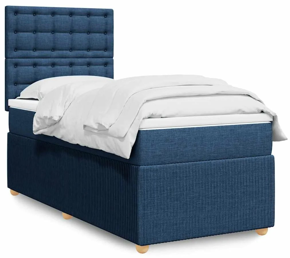 vidaXL Pat box spring cu saltea, albastru, 90x200 cm, textil