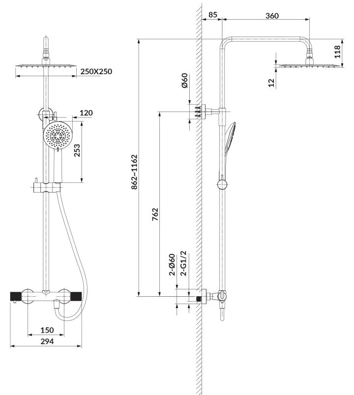 Coloana de dus cu termostat si dus de ploaie gri-grafit, Cersanit Zen Gri