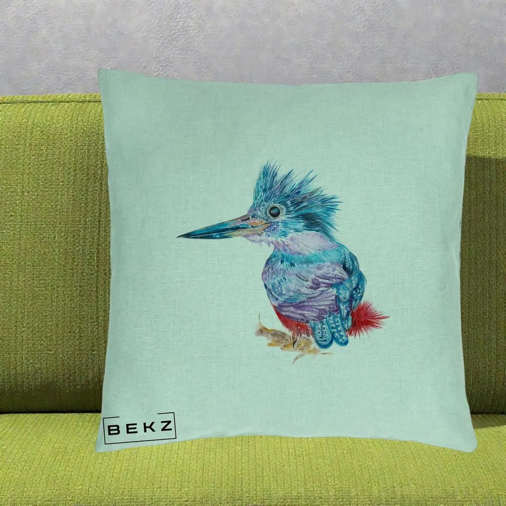 Perna Decorativa Pasare Martin Pescar Acuarela Albastru-Mov, 40x40 cm, Verde Menta, Husa Detasabila, Perna Inclusa, BEKZ®