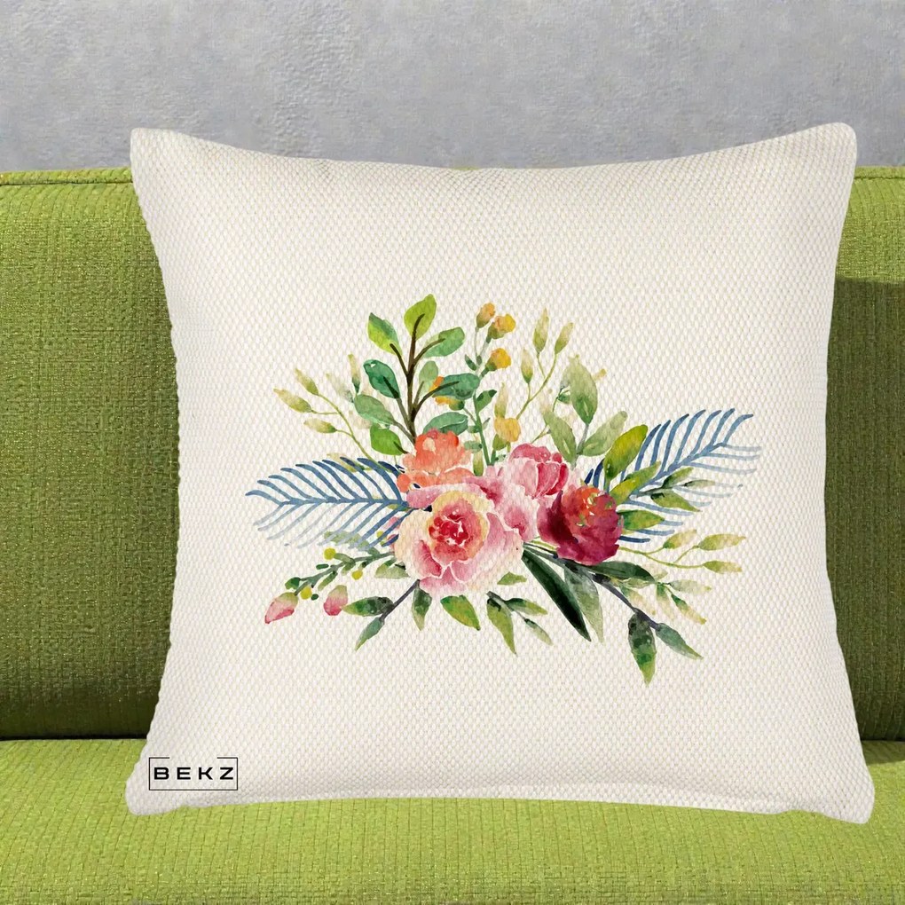 Perna Decorativa Buchet Flori Acuarela Roz-Verde, 40x40 cm, Crem Reliefat, Husa Detasabila, Perna Inclusa, BEKZ®