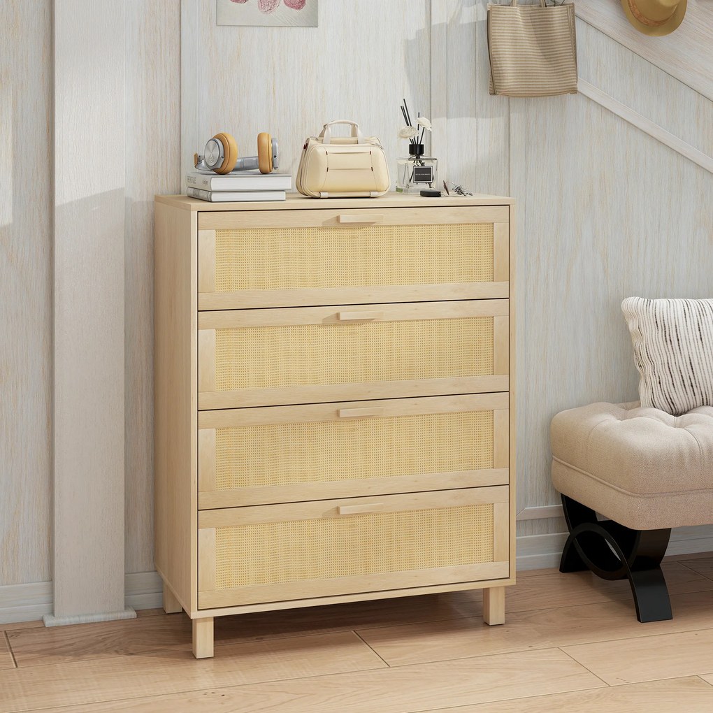 HOMCOM Comodă 4 sertare cannage din ratan dim. 80L x 40l x 103H cm MDF Aspect Lemn Deschis | Aosom Romania