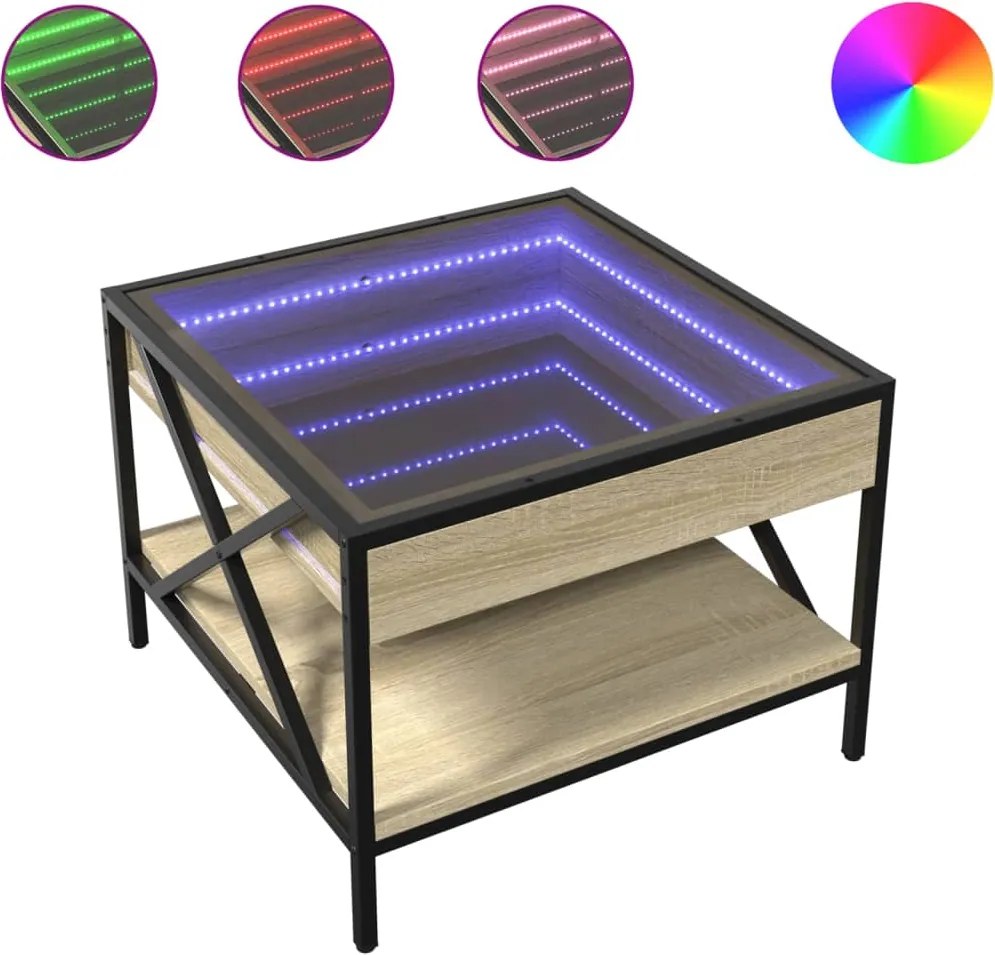 vidaXL Măsuță de cafea cu LED infinity, stejar sonoma, 50x50x38 cm