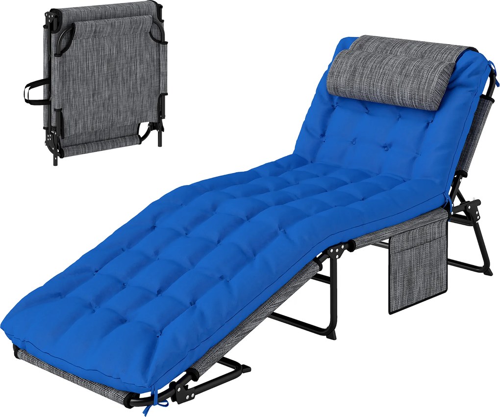 Outsunny Șezlong, spătar reglabil în 4 trepte, pernă, buzunar lateral, tetieră, 68 x 189 x 33 cm, Albastru | Aosom Romania