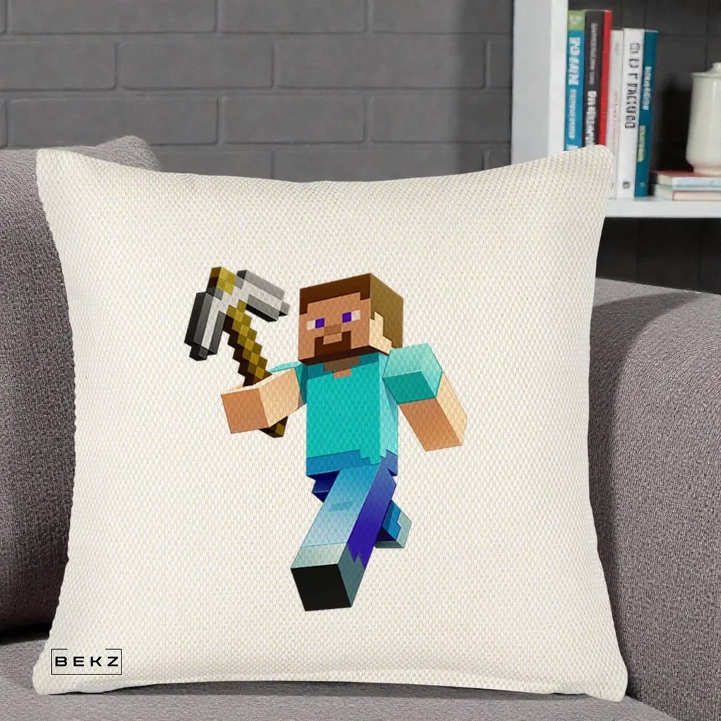 Perna Personalizata Minecraft Steve cu Tarnacop, 40x40 cm, Crem Reliefat, Husa Detasabila, Perna Inclusa, BEKZ®