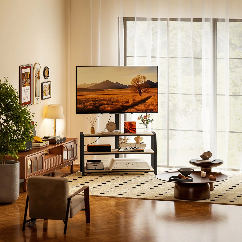HOMCOM Mobilier TV cu suport pentru televizoare de la 32 la 70 de inci, rafturi deschise, unghi ajustabil 35°, 108x41x135cm, efect lemn natural | Aosom Romania