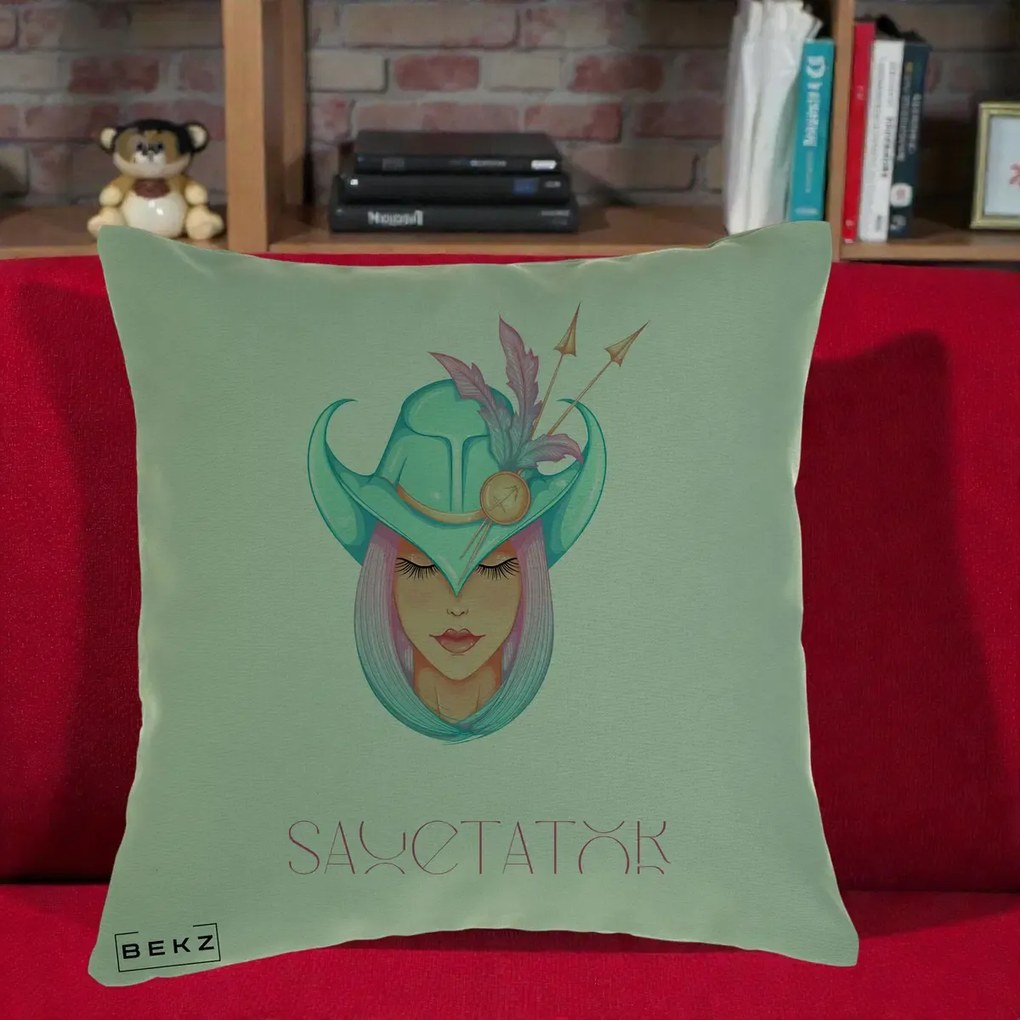 Perna Personalizata Zodiac Sagetator Cowgirl, 40x40 cm, Verde, Husa Detasabila, Perna Inclusa, BEKZ®