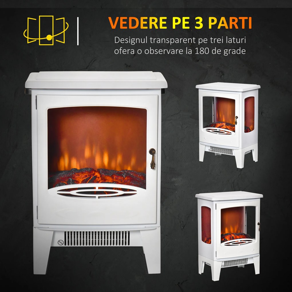 HOMCOM Semineu Electric Efect Flacara si 3 Laturi Deschise, Temperatura Reglabila 1000W-2000W, Acoperire 20-25m², 39x26x54.8cm, Alb | AOSOM RO