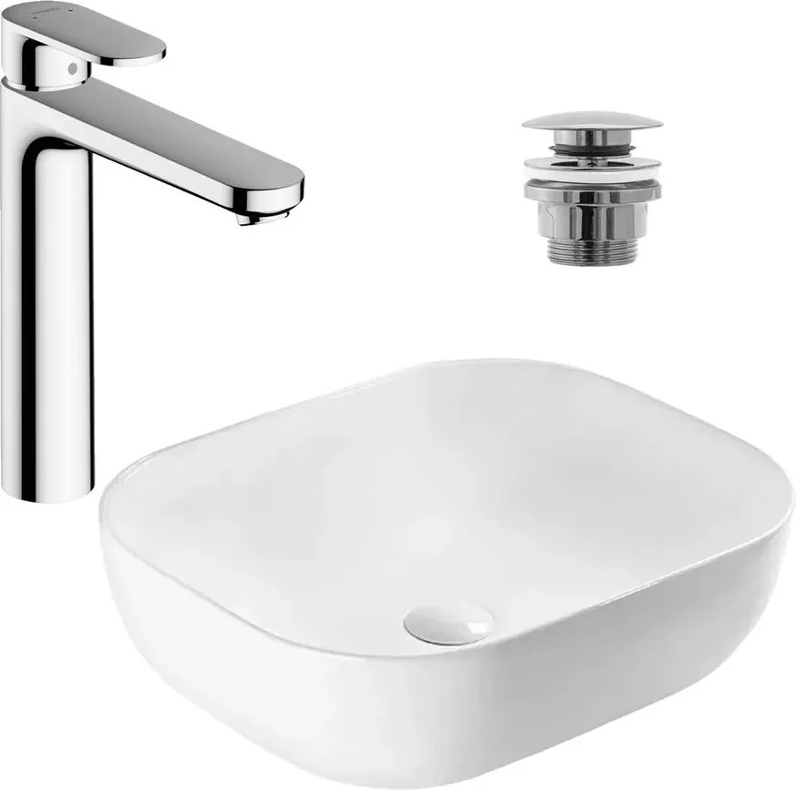 Pachet lavoar pe blat Rea Belinda Slim alb 46.5 cm, baterie lavoar Hansgrohe Vernis Blend crom si ventil lavoar Click-Clack crom