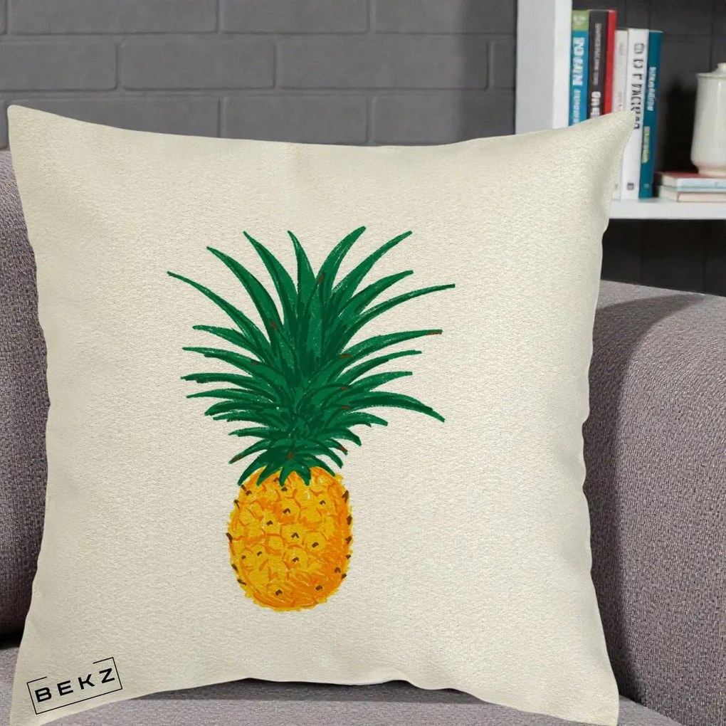Perna Decorativa Ananas Tropical, 40x40 cm, Ecru, Husa Detasabila, Perna Inclusa, BEKZ®