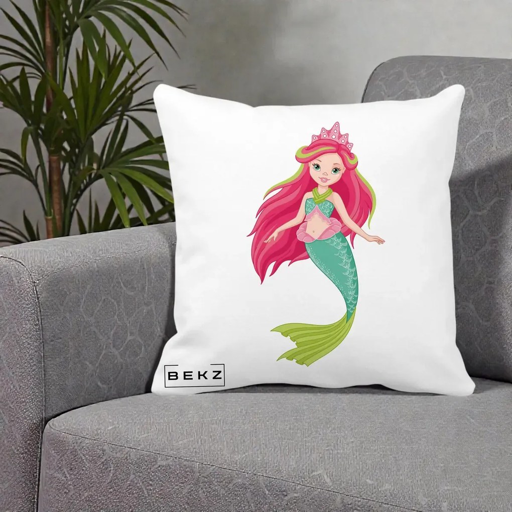 Perna Decorativa Sirena Roz cu Coroana, 40x40 cm, Alba Mata, Husa Detasabila, Perna Inclusa, BEKZ®