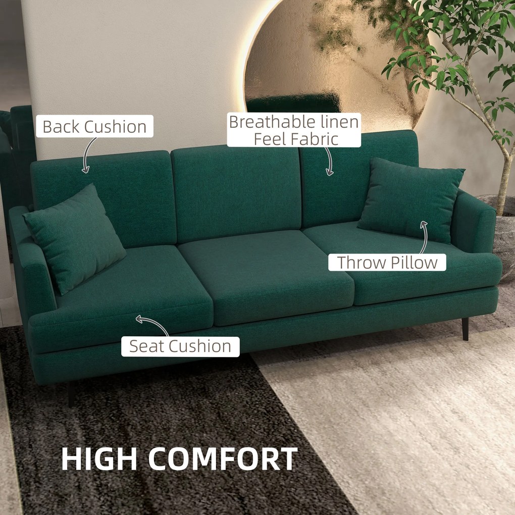 HOMCOM Canapea cu 3 locuri pentru living, canapea din material textil cu 2 perne, verde | Aosom Romania