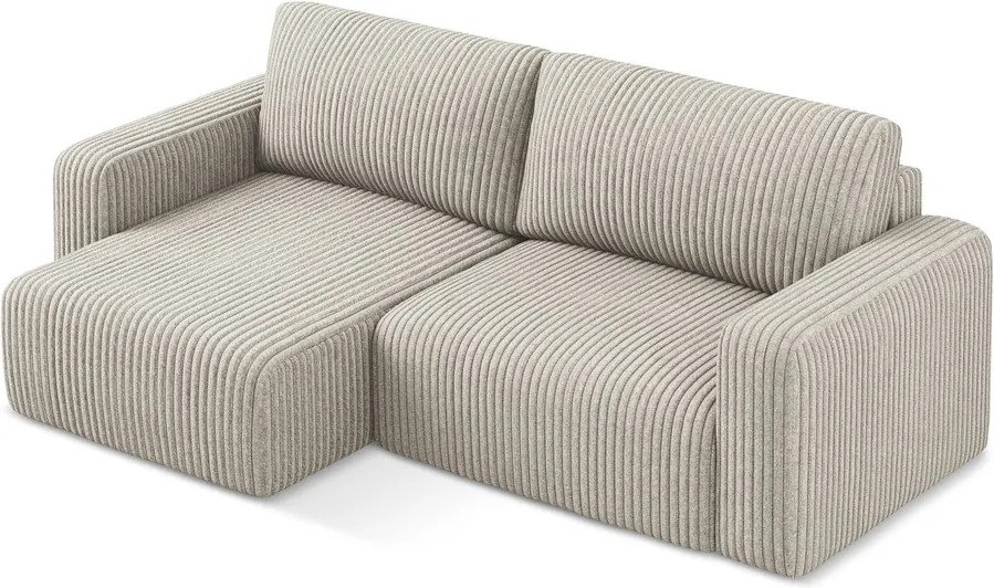 Colțar bej extensibil/cu spațiu de depozitare cu tapițerie din catifea reiată (cu colț pe partea stângă/cu șezlong) Kona – Makamii