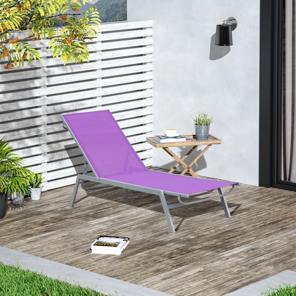 Outsunny Șezlong de Soare - Chaise Longue - Design Contemporan - Spătar Reglabil în Mai Multe Poziții - Metal Epoxidic Textilen Mov - dim. 170 x 58 x 97 cm | Aosom Romania
