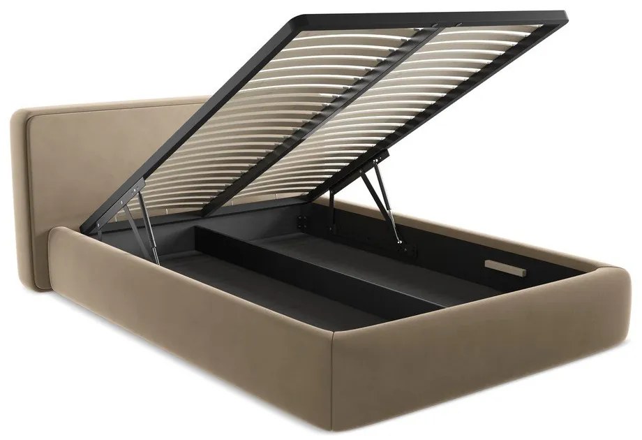 Pat matrimonial maro deschis tapițat cu spațiu de depozitare cu somieră 180x200 cm Kiana – Makamii