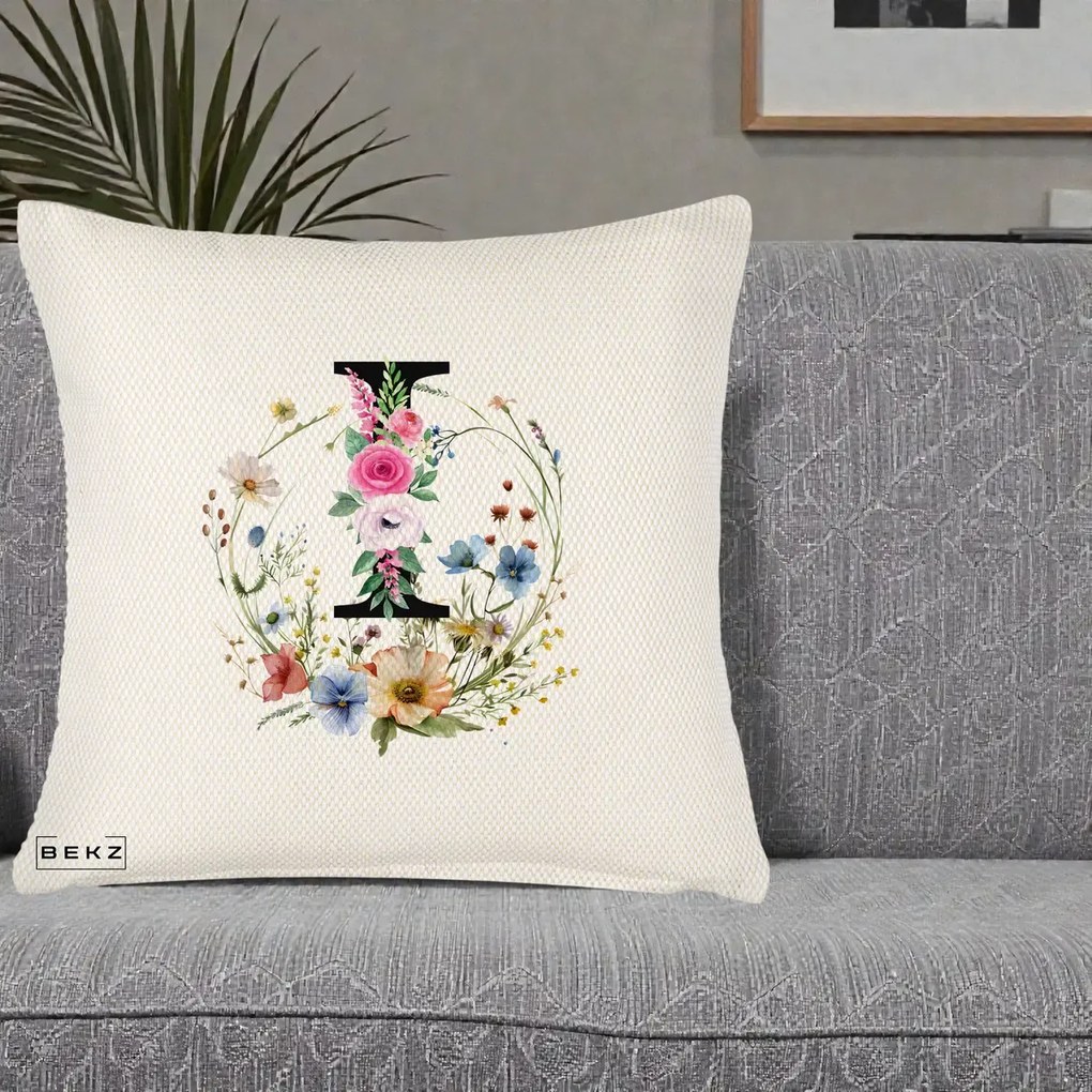 Cadou Personalizat - Perna Personalizata Monogram Litera I cu Flori Acuarela, 40x40 cm, Crem Reliefat, Husa Detasabila, Perna Inclusa, BEKZ®