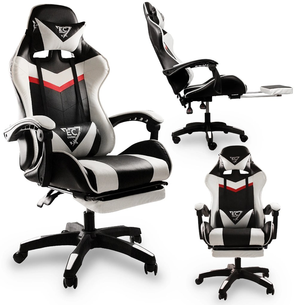 JAKS PREMIUM SCAUN GAMING REGLABIL ECO - PIELE NEGRU-ALB + PERNĂ DE MASAJ