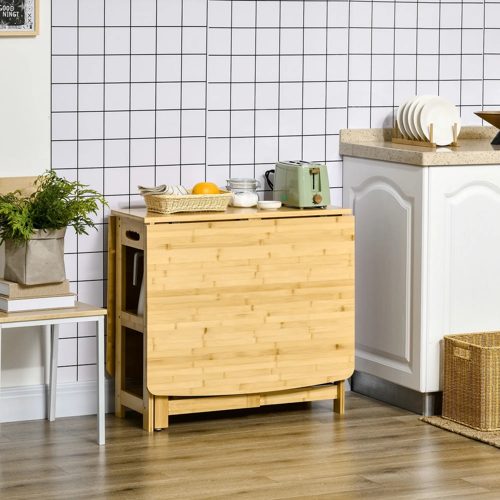 HOMCOM Masă Pliabilă, Masă de Dining, două laturi pliabile, două rafturi, picioare reglabile, bambus, 149,5 x 80 x 73,5 cm | Aosom Romania