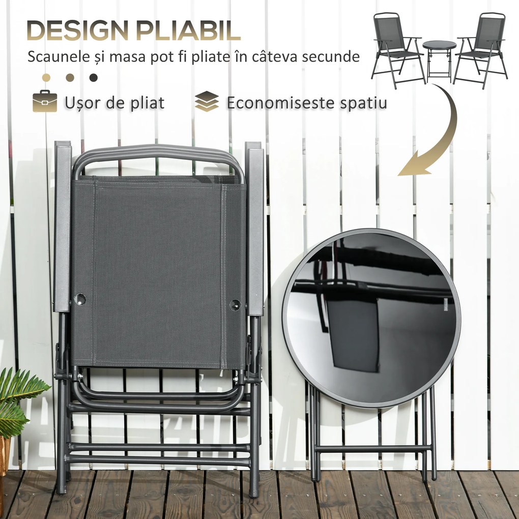 Outsunny Set de Exterior din 3 Piese cu Masă cu Blat din Sticlă și 2 Scaune Pliabile din Plasă, Ф45x50 cm, Gri Deschis | Aosom Romania
