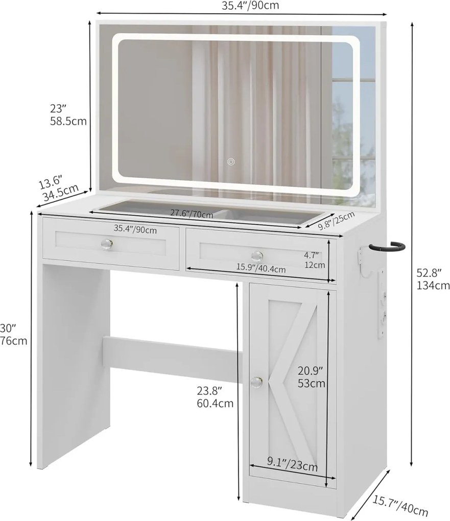 Masuta machiaj cu Oglinda LED si 2 Sertare pentru Cosmetice, Set Masa toaleta 90 cm, Alb, masuta cosmetica, vanity - SEA498