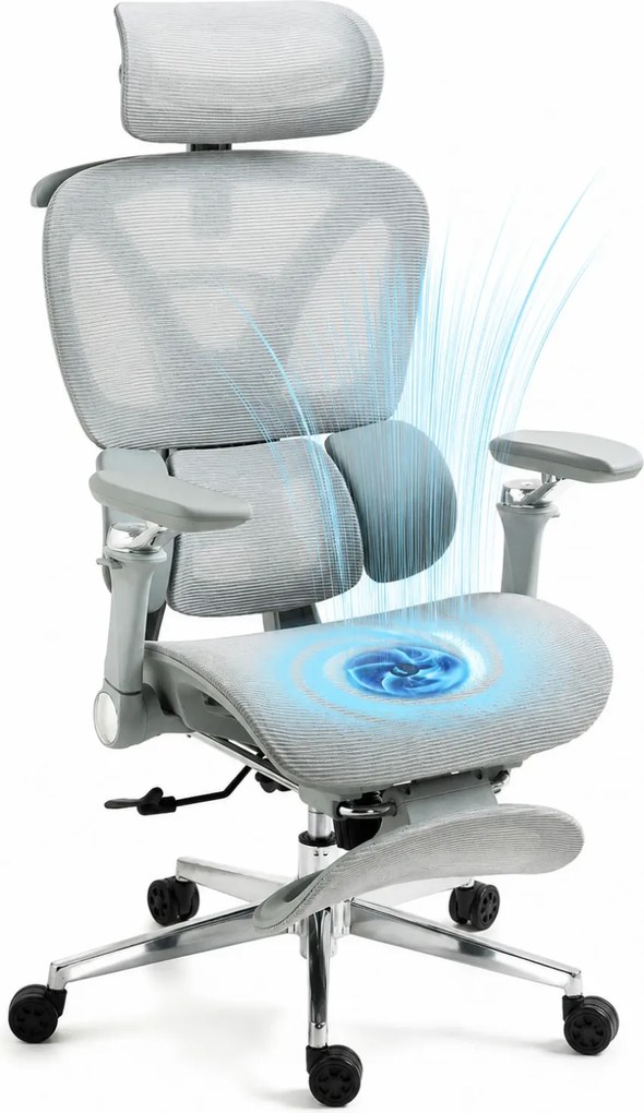 METACHAIR DORO VENT Scaun ergonomic, sezut cu ventilatie, suport lombar dinamic, spătar reglabil înălțime, cotiere 6D, tetieră 2D, suport picioare, mecanism multifunctional inclinare/blocare, pivotant, Mesh, Gri