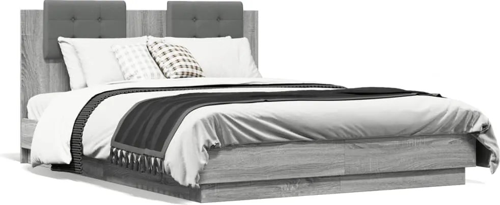 vidaXL Cadru de pat cu tăblie, gri sonoma, 135x190 cm, lemn prelucrat