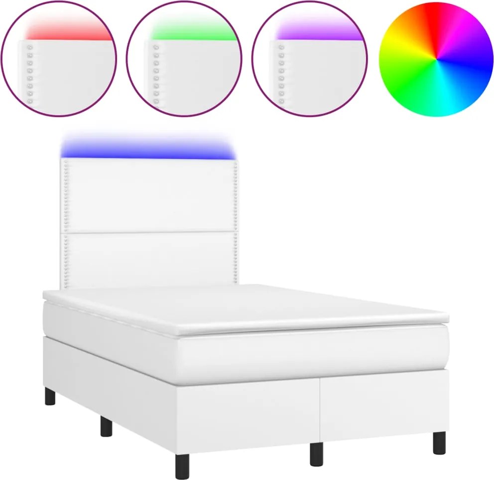 vidaXL Pat box spring cu saltea și LED, alb, 120x190 cm, piele eco