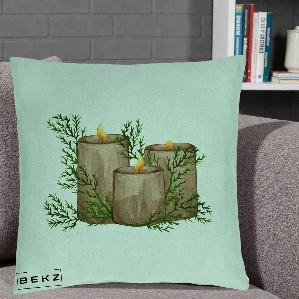 Perna Decorativa Lumanari Rustice cu Crengute Brad, 40x40 cm, Verde Menta, Husa Detasabila, Perna Inclusa, BEKZ®