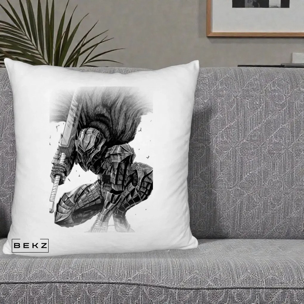 Perna Personalizata Berserk Guts Armor of Darkness Manga, 40x40 cm, Alb Pufos, Husa Detasabila, Perna Inclusa, BEKZ®