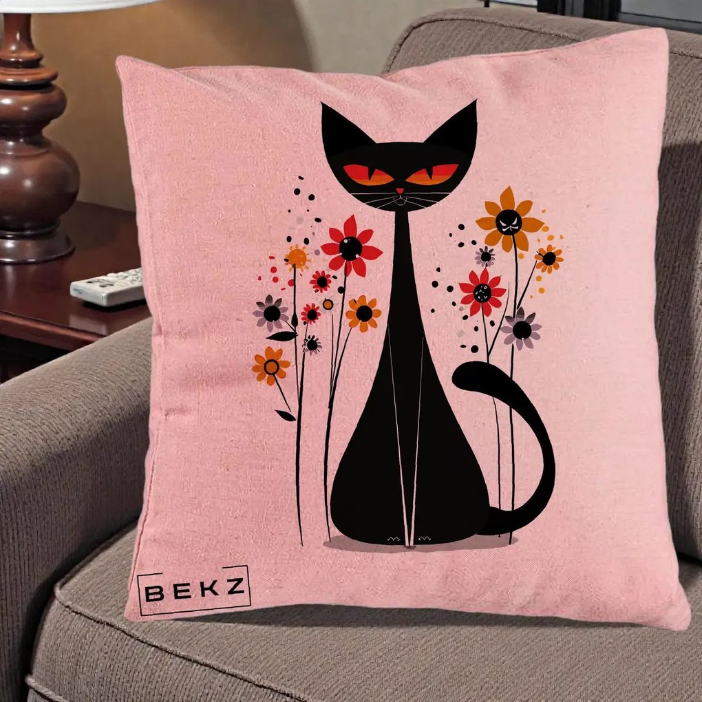 Perna Decorativa Pisica Neagra Ochi Rosii Flori, 40x40 cm, Roz, Husa Detasabila, Perna Inclusa, BEKZ®