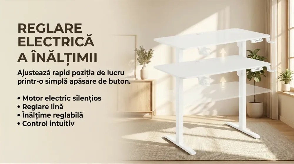 ELEVON WX-009 – Birou Reglabil Electric, Înălțime Reglabilă 72–118 cm, Blat Monobloc PAL de Înaltă Densitate 15 mm, Cadru Metalic din Oțel 65×45 mm, Panou Electronic, 140 × 60 cm, Alb