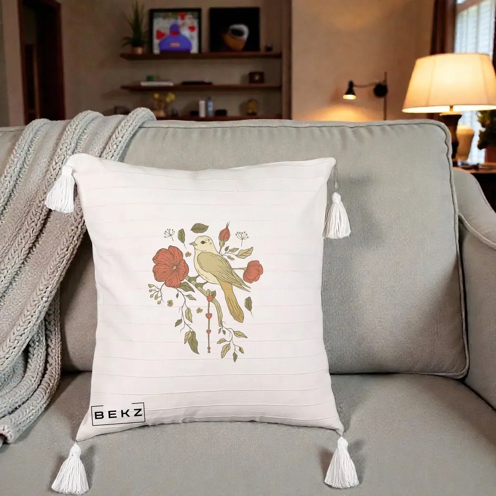 Perna Decorativa Pasare pe Ramura cu Maci, 40x40 cm, Bej cu Franjuri, Husa Detasabila, Perna Inclusa, BEKZ®