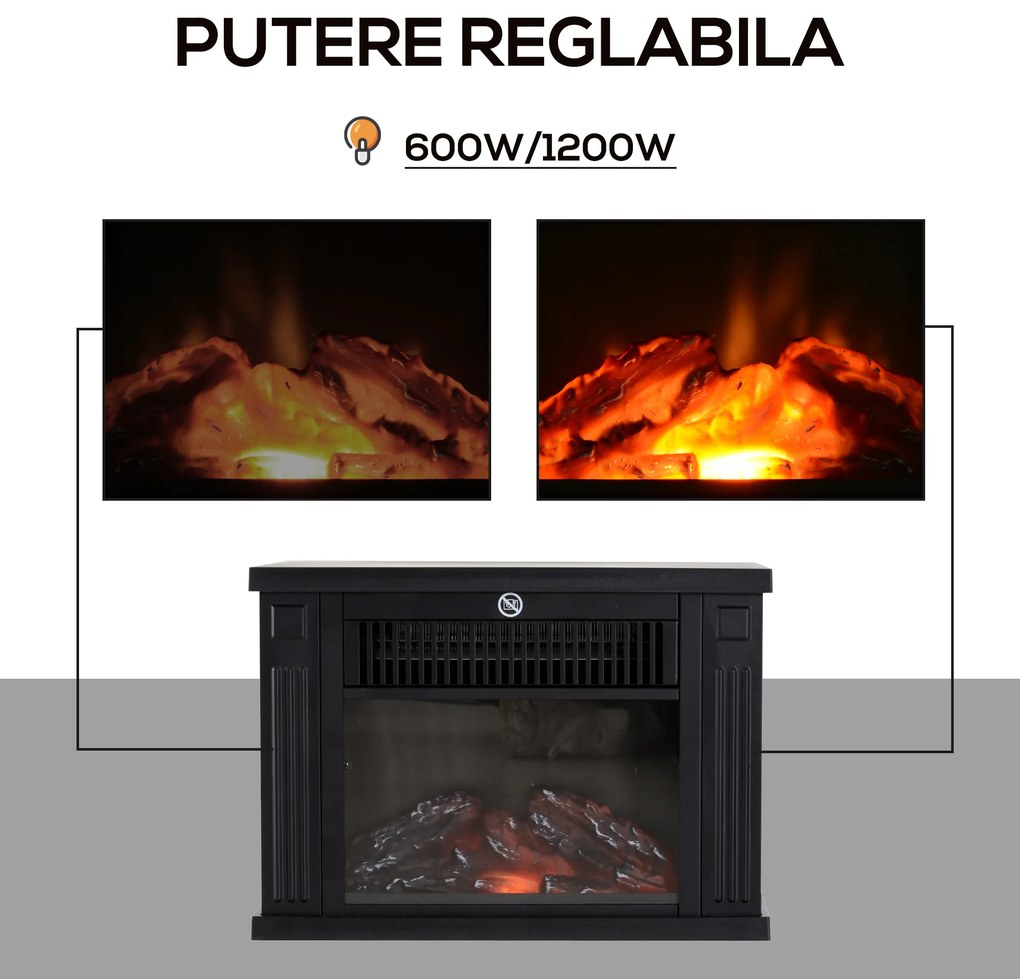 Șemineu Electric de PodeaPutere 600W/1200W din Plastic și Sticlă Temperată Negru, 34x17x25cm HOMCOM | Aosom Romania