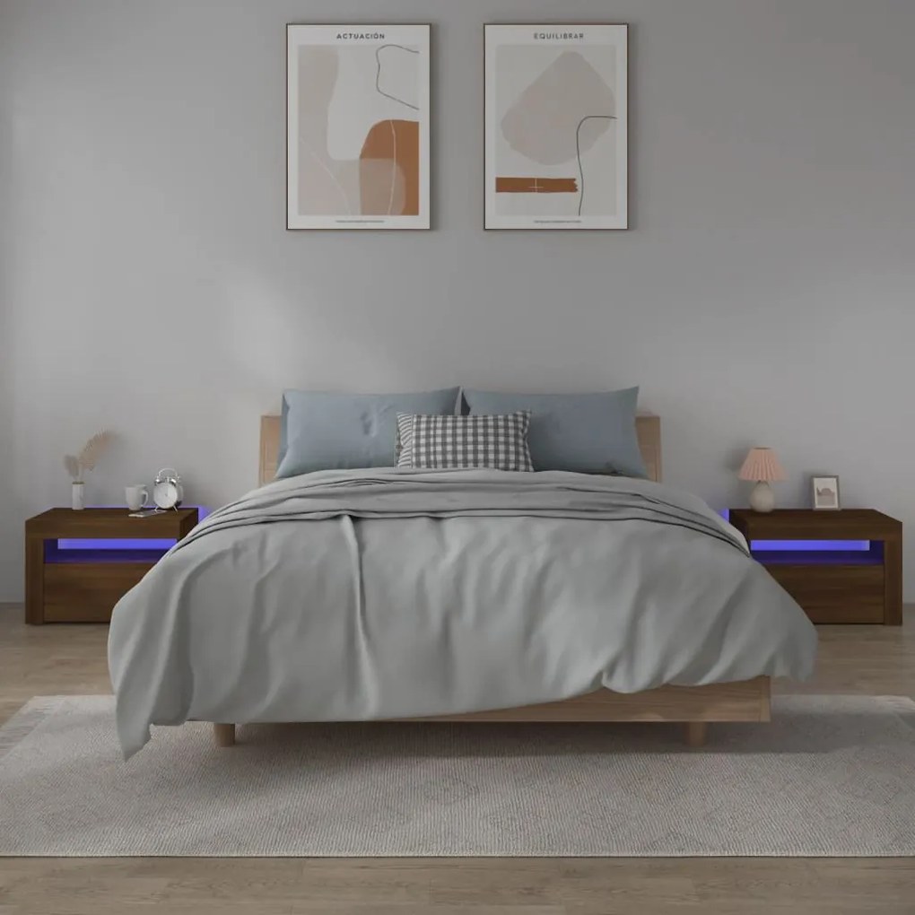 vidaXL Noptiere cu lumini LED, 2 buc., stejar maro, 60x35x40 cm