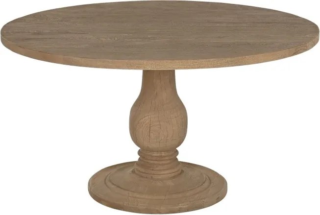 Masă dining rotundă din lemn de mango, natur, 6 locuri, cu picior central strunjit, 76 x 140 cm, „Orly”