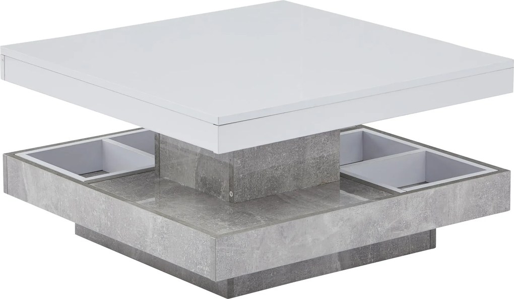 Măsuță de cafea lucioasă, rotativă la 360°, cu blat pe 2 niveluri și compartiment de depozitare, 70x70x36 cm, Alb