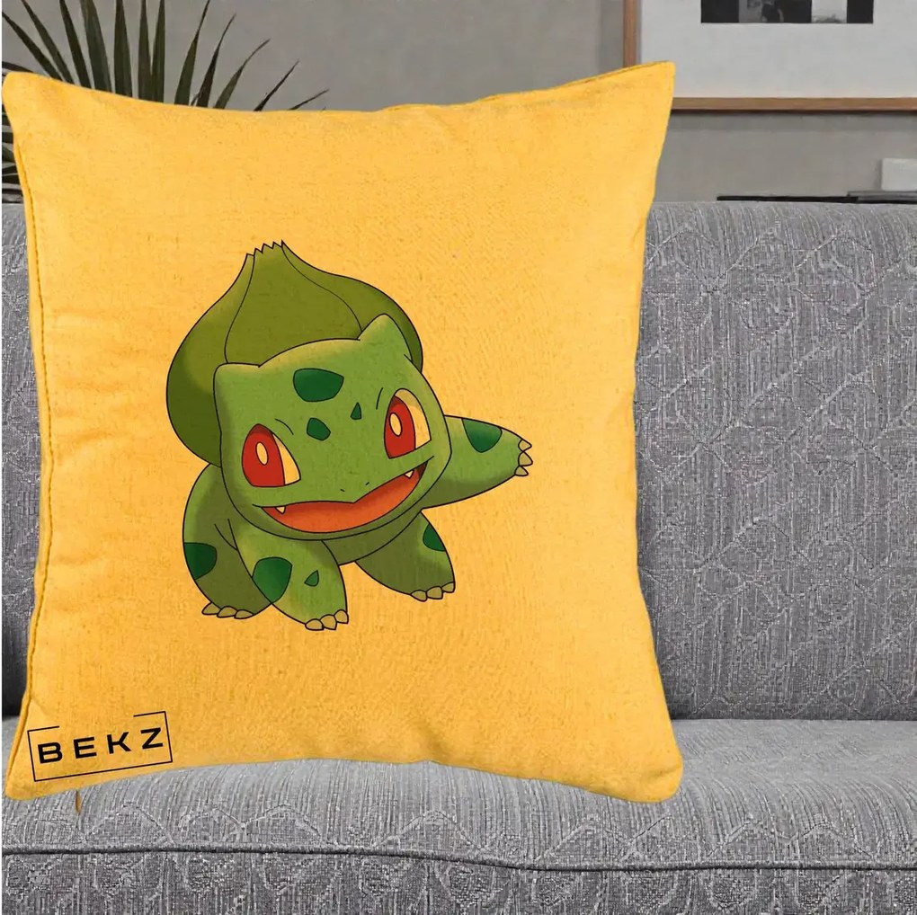 Perna Personalizata Bulbasaur Pokemon, 40x40 cm, Galben, Husa Detasabila, Perna Inclusa, BEKZ®