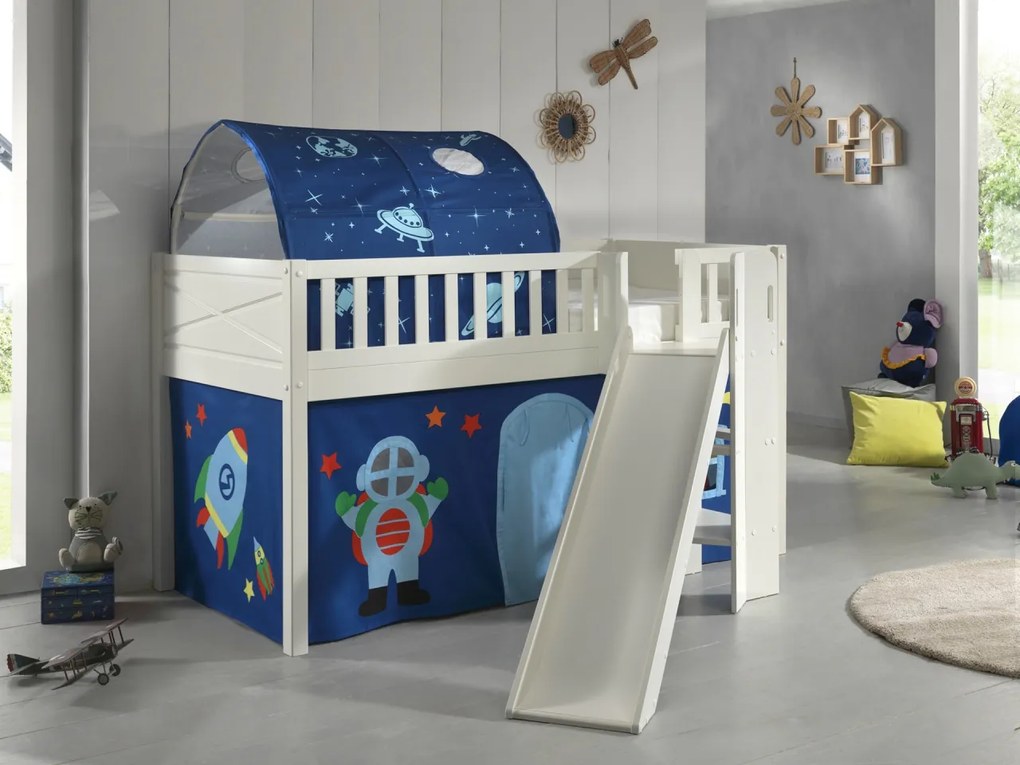 Pat ridicat pentru copii SCOTT, alb, 90 x 200 cm, din pin scandinav și MDF, cu scară frontală, tobogan, perdea de joacă și tunel ASTRO – Vipack