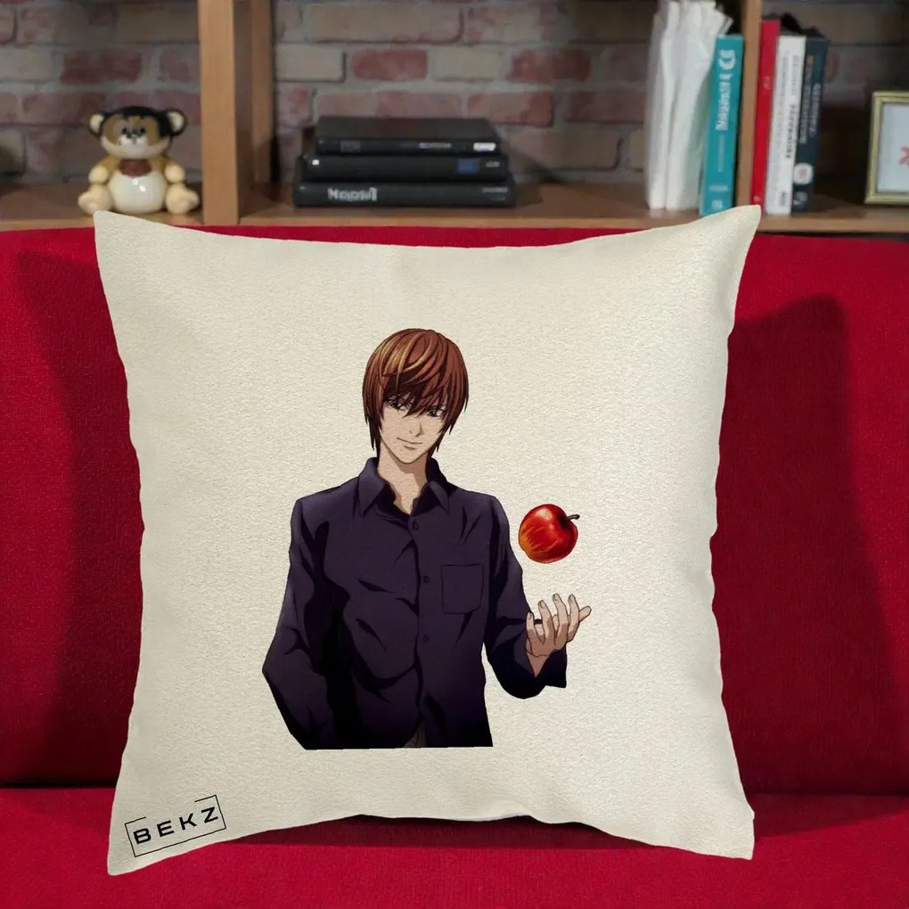 Perna Personalizata Death Note Light Yagami cu Mar, 40x40 cm, Ecru, Husa Detasabila, Perna Inclusa, BEKZ®