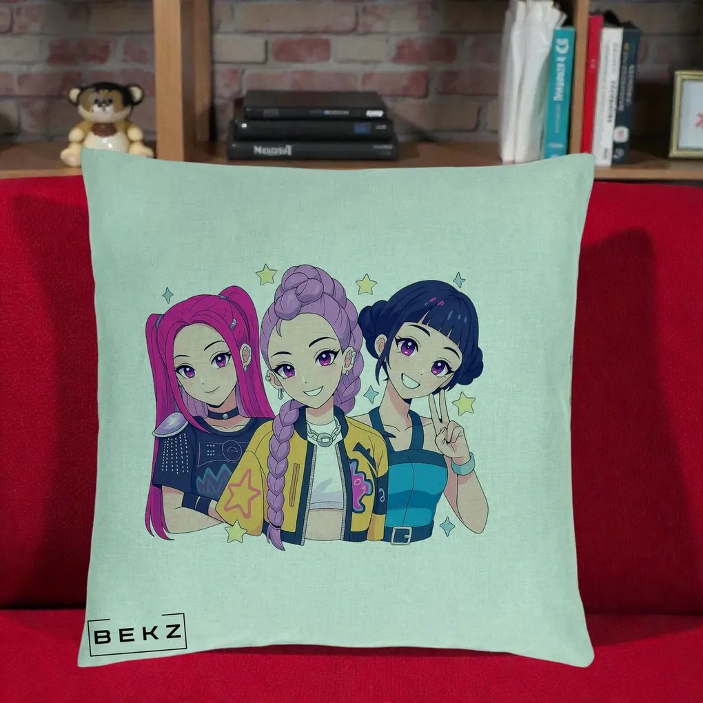 Perna Personalizata K-pop HUNTRX Trio Anime Stele, 40x40 cm, Verde Menta, Husa Detasabila, Perna Inclusa, BEKZ®