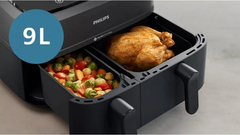 Friteuza dubla cu aer cald Philips NA351/00, 2750 W, 6+3 l, 80-200°C, 1,5 kg, 8 programe, Ecran tactil, Copiere si sincronizare, Negru/Argintiu