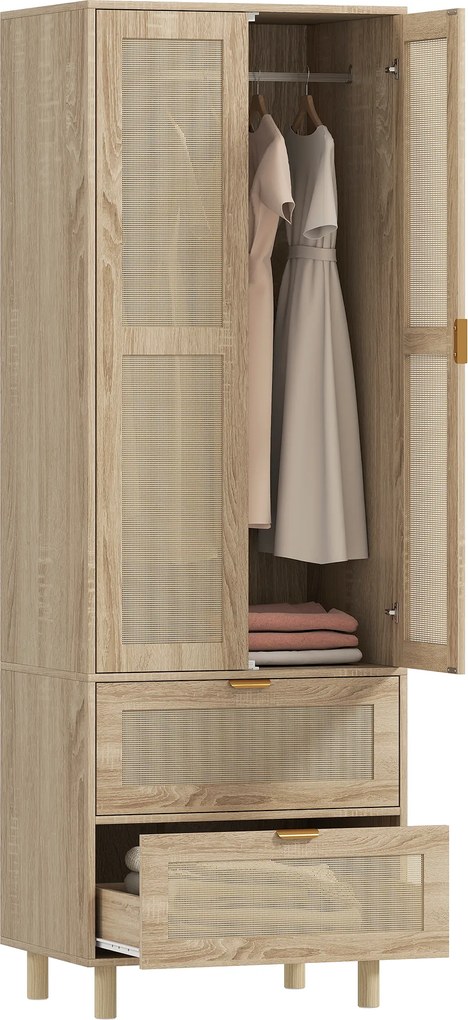 HOMCOM Dulap de dormitor cu 2 uși din ratan, 2 sertare și bară de agățat, 63 x 47 x 185 cm, lemn natural | Aosom Romania
